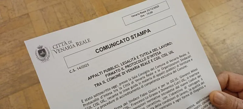 VENARIA - Appalti pubblici e forniture di servizi: accordo Comune e sindacati. «Più legalità, trasparenza e responsabilità sociale» - FOTO