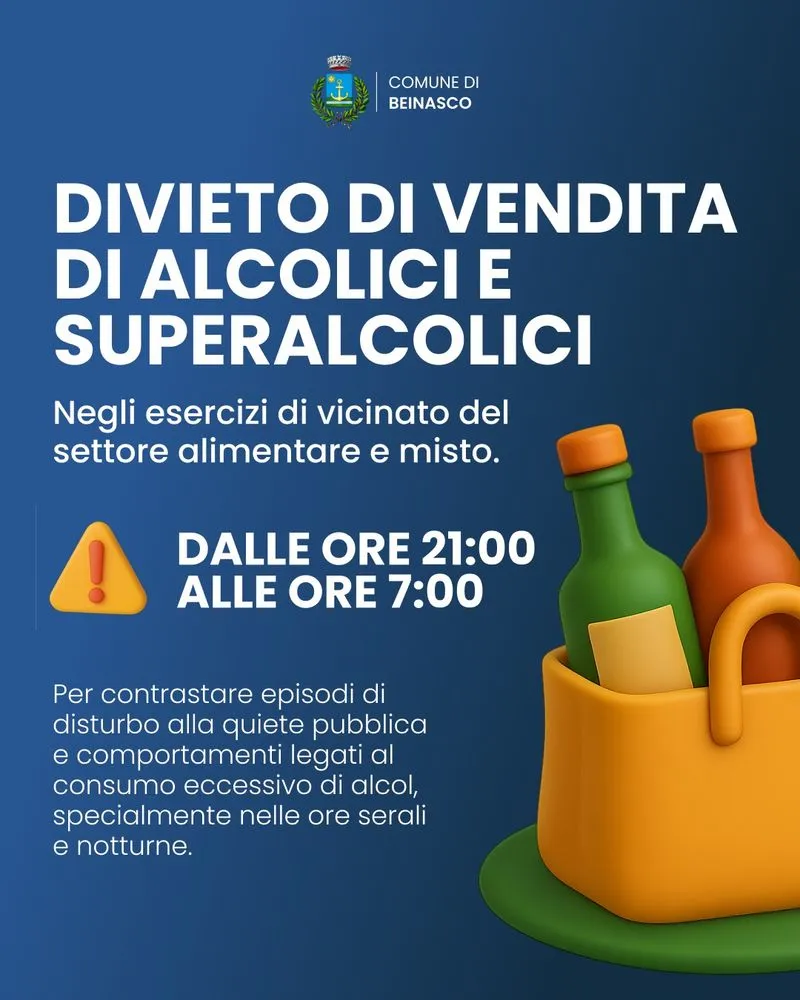 BEINASCO - Stop alla vendita di alcolici e superalcolici: «Contro il disturbo alla quiete pubblica e gli ubriachi»