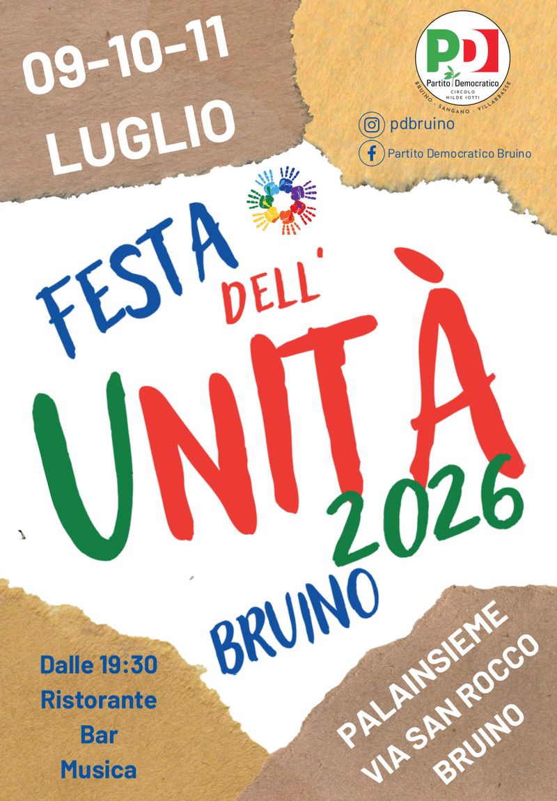 BRUINO - Festa dell'Unità 2026 al Palainsieme di via San Rocco