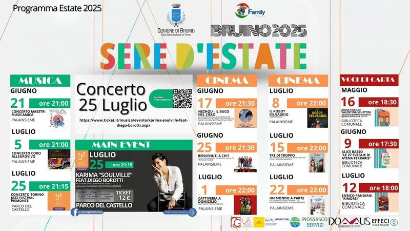 BRUINO - Musica, cinema, letture: tutto pronto per il ritorno di «Sere d’Estate»