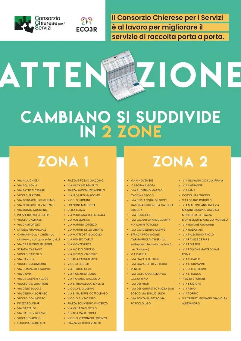 CAMBIANO-SANTENA - Dal primo ottobre cambiano giorni e frequenze della raccolta rifiuti