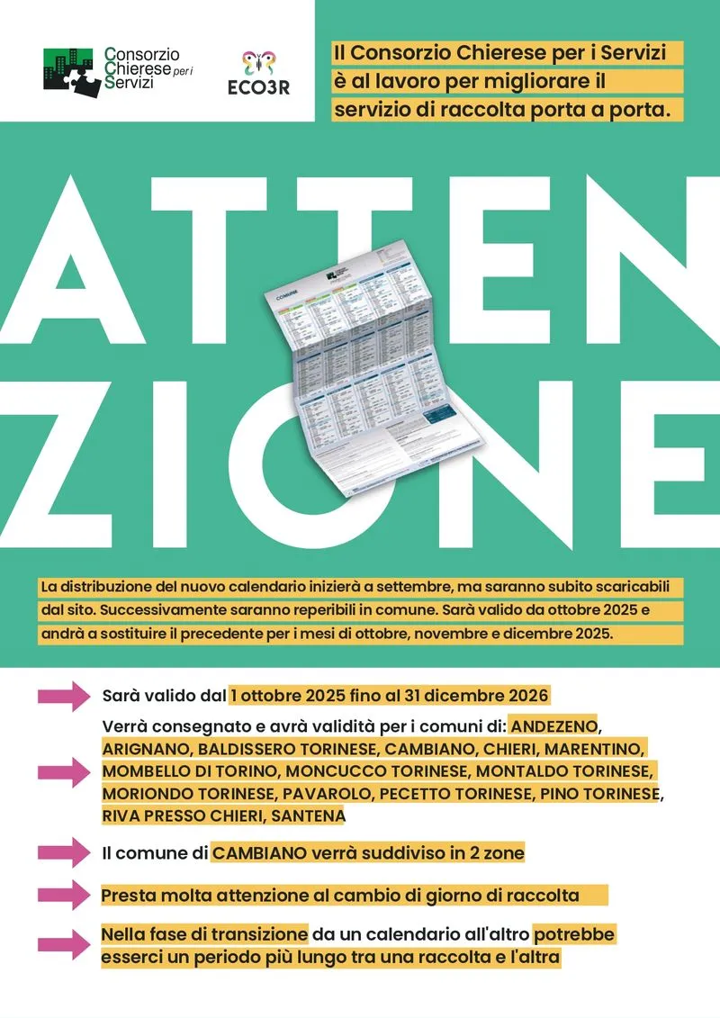 CAMBIANO-SANTENA - Dal primo ottobre cambiano giorni e frequenze della raccolta rifiuti