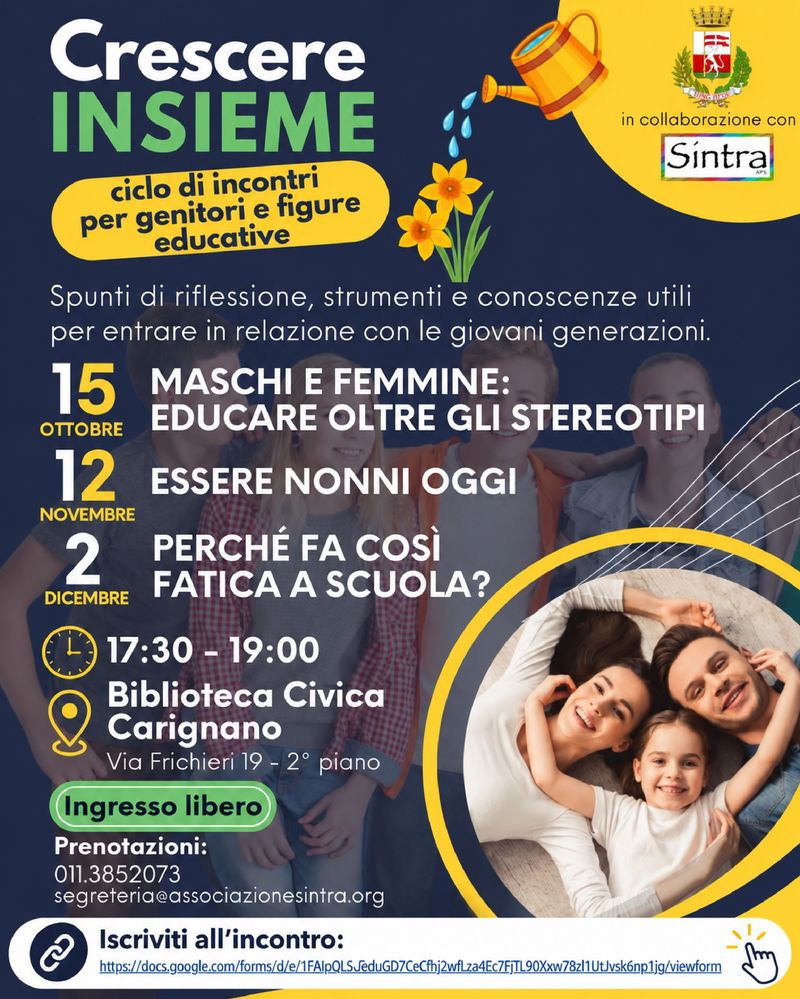 CARIGNANO - «Crescere insieme» in biblioteca: incontro gratuito per genitori ed educatori