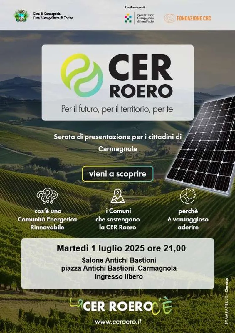 CARMAGNOLA - Nasce la Comunità Energetica Rinnovabile del Roero: incontro pubblico di presentazione