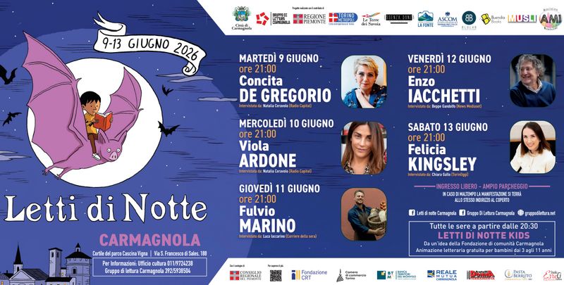CARMAGNOLA - «Letti di Notte 2026»: cinque ospiti nazionali al Festival letterario-pop