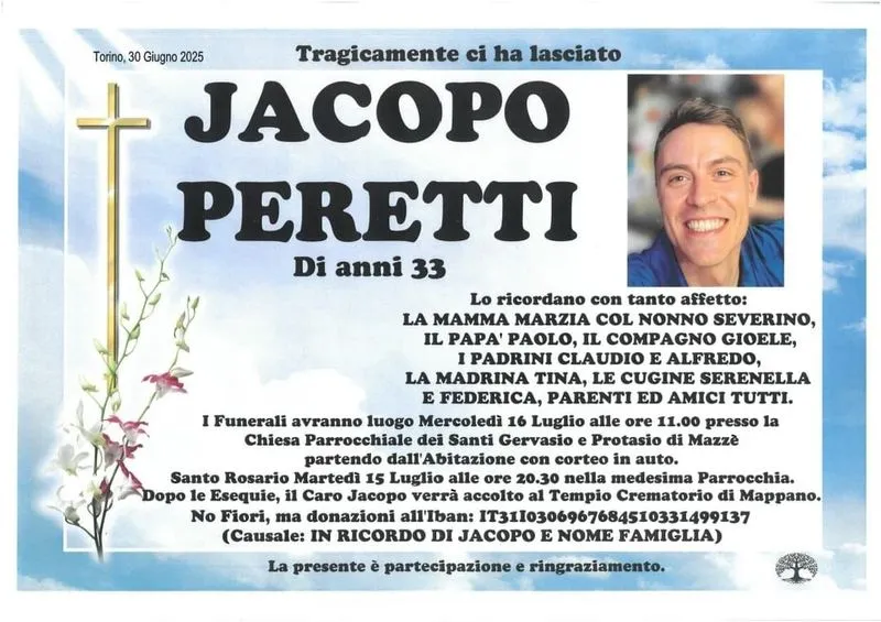 MAZZE' - Proclamato il lutto cittadino per l'estremo saluto a Jacopo Peretti