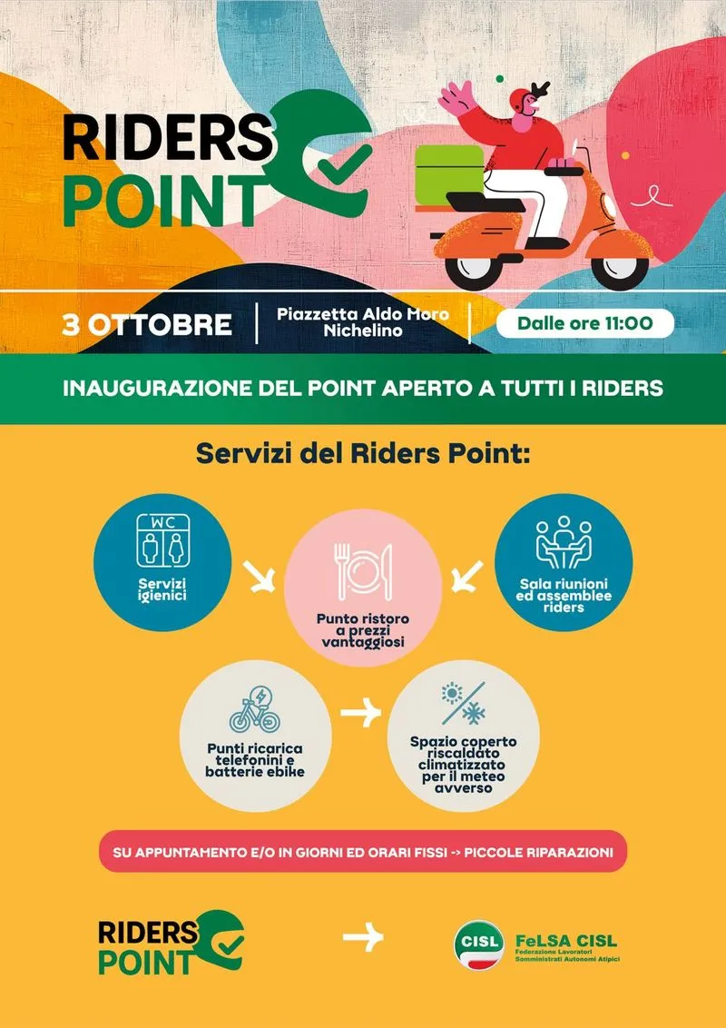 NICHELINO - La Felsa Cisl inaugura il nuovo «Riders Point» in piazzetta Aldo Moro
