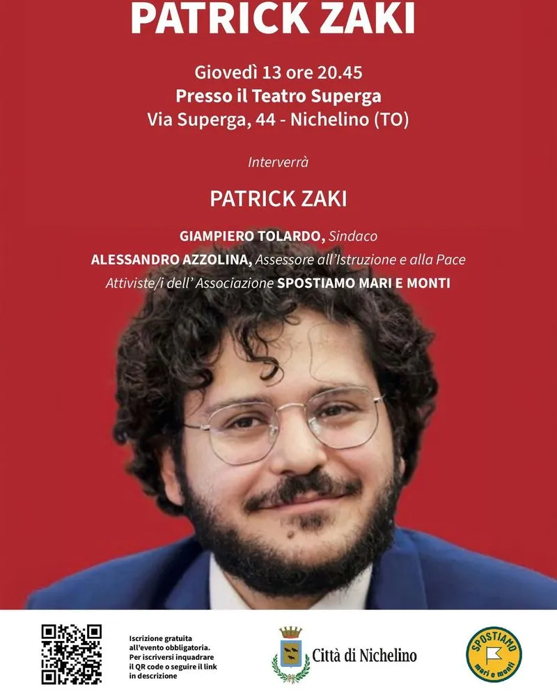 NICHELINO - «Per costruire un futuro di pace»: incontro al teatro Superga con Patrick Zaki