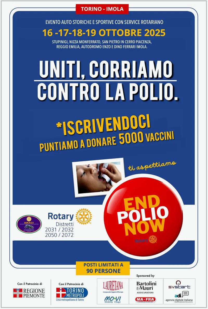NICHELINO - «Uniti corriamo contro la polio»: traversata in auto storiche da Stupinigi a Imola