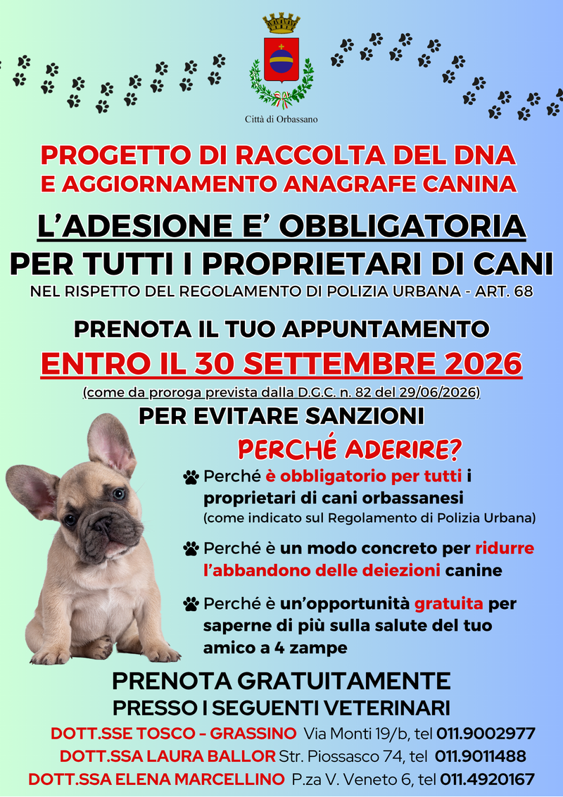 ORBASSANO - Contro le deiezioni selvagge il progetto di raccolta del Dna dei cani: adesioni entro il 30 settembre