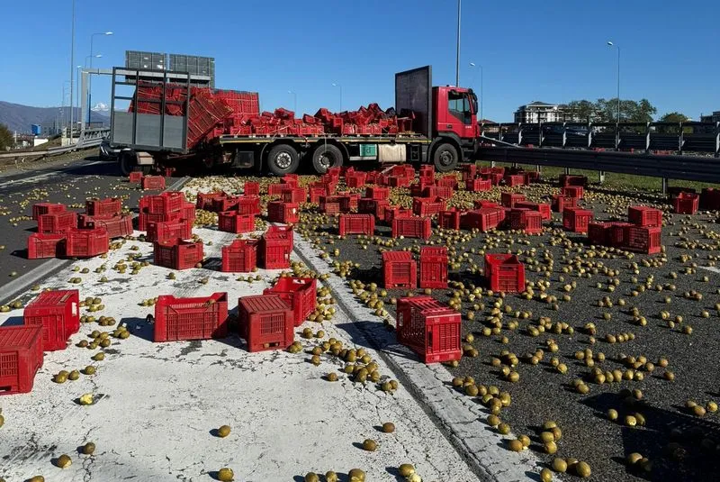 BEINASCO - Camion di traverso in tangenziale: migliaia di kiwi e cassette della frutta sull'asfalto, traffico in tilt