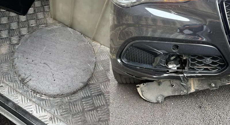 TANGENZIALE SUD - Un pesante disco metallico cade da un mezzo e colpisce un'auto: tragedia sfiorata - FOTO