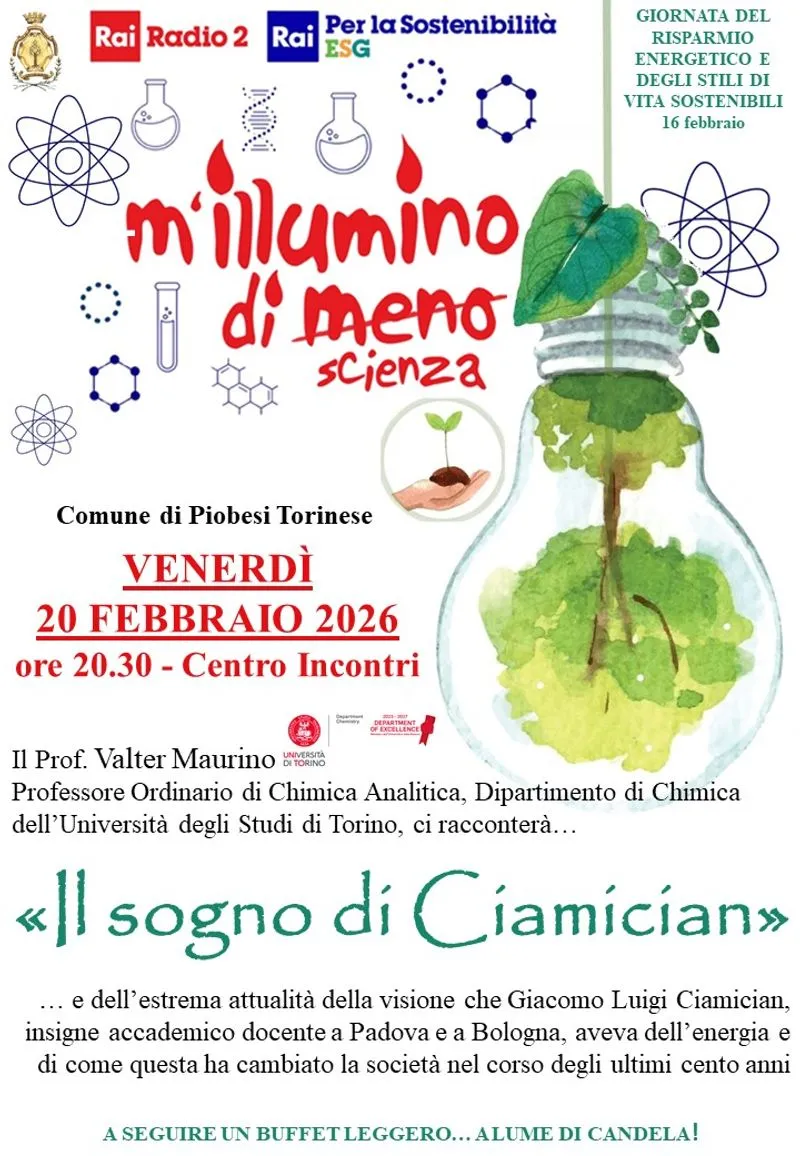 PIOBESI - M’illumino di Meno: «Il sogno di Ciamician» con Valter Maurino, buffet finale a lume di candela