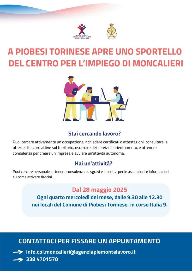 PIOBESI - Il 28 maggio apre uno sportello pubblico per il lavoro