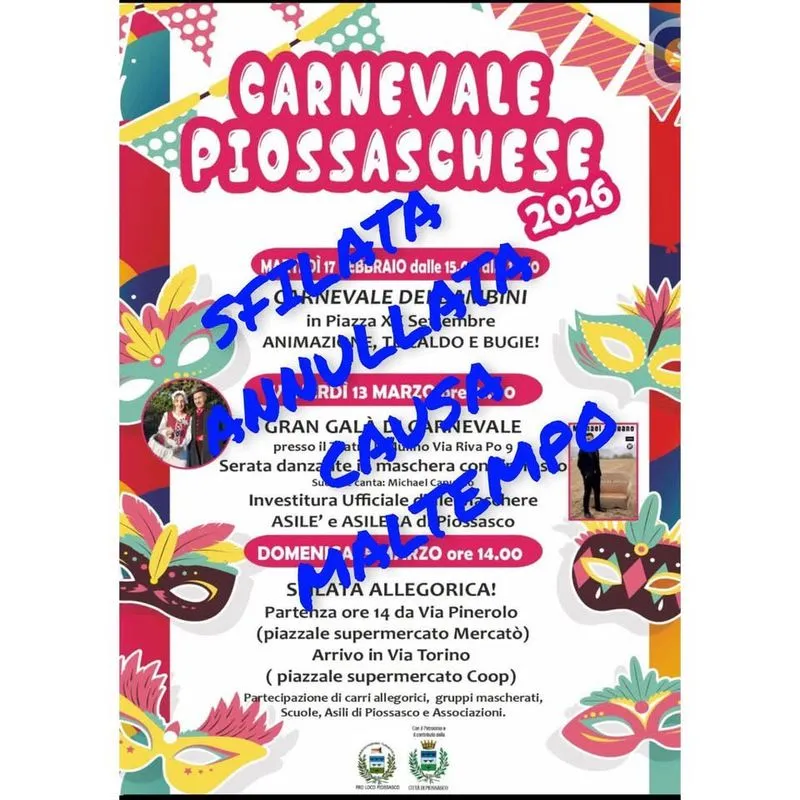 PIOSSASCO - Pioggia e maltempo, annullata la sfilata di Carnevale