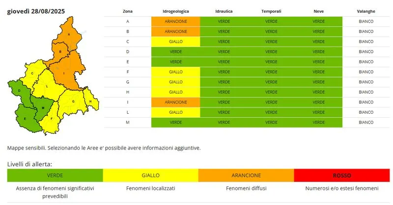 TORINO SUD - Allerta gialla per precipitazioni diffuse, anche a carattere temporalesco - LE PREVISIONI METEO