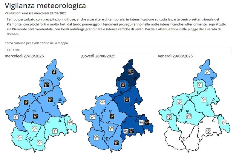 TORINO SUD - Allerta gialla per precipitazioni diffuse, anche a carattere temporalesco - LE PREVISIONI METEO