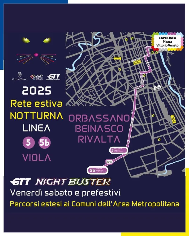 TORINO SUD - Bus notturni nei fine settimana per Moncalieri, Vinovo, Orbassano, Rivalta, Beinasco, Candiolo, Nichelino, Trofarello