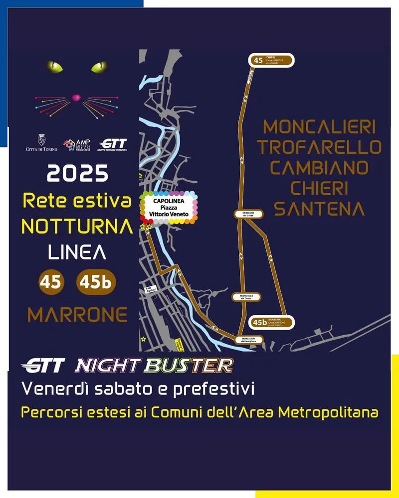 TORINO SUD - Bus notturni nei fine settimana per Moncalieri, Vinovo, Orbassano, Rivalta, Beinasco, Candiolo, Nichelino, Trofarello