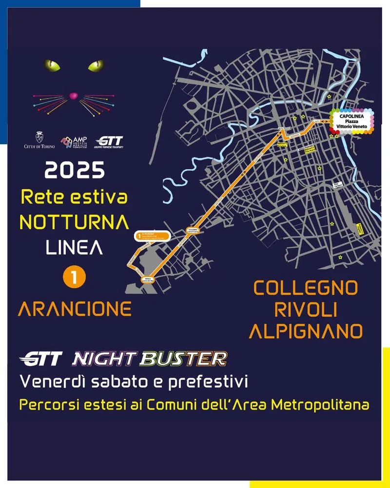 TORINO SUD - Bus notturni nei fine settimana per Moncalieri, Vinovo, Orbassano, Rivalta, Beinasco, Candiolo, Nichelino, Trofarello