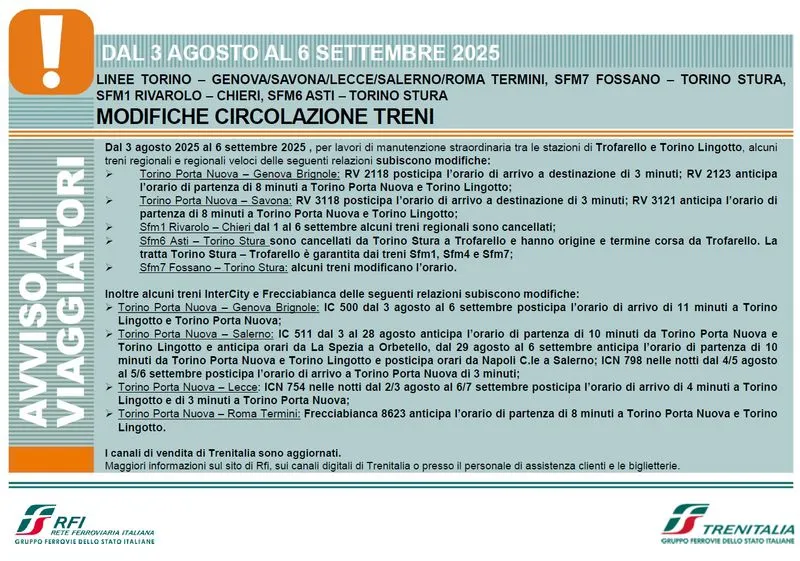 TROFARELLO-MONCALIERI - Lavori sulla ferrovia, treni a singhiozzo tra domenica 3 agosto e sabato 6 settembre