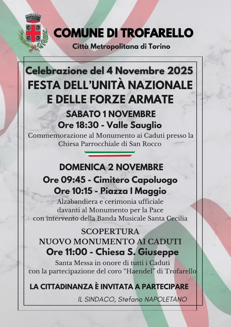 TROFARELLO - La città celebra il 4 Novembre con l’inaugurazione del Monumento ai Caduti della Grande Guerra