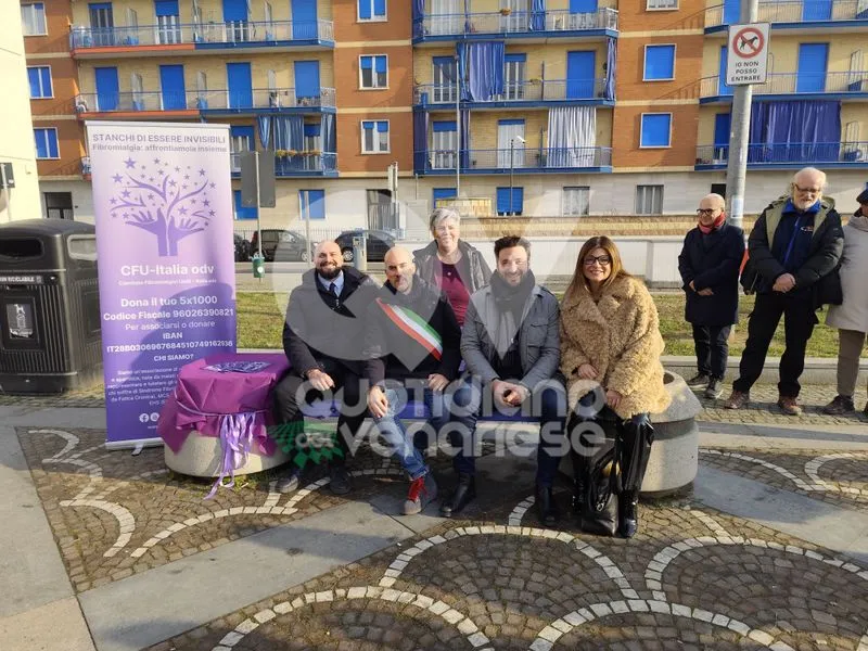 VENARIA - In piazza Pettiti una panchina viola: è dedicata alla Fibromialgia - FOTO