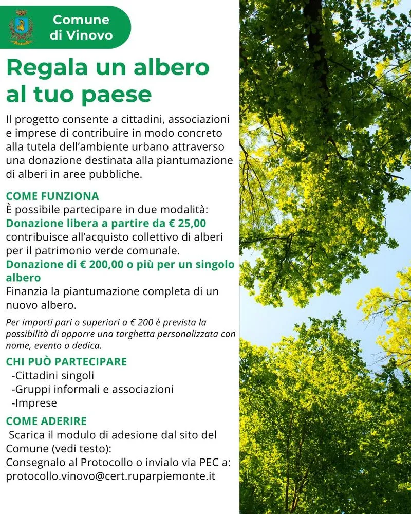 VINOVO - «Regala un albero al tuo paese»: così si può partecipare a rendere più verde il centro abitato
