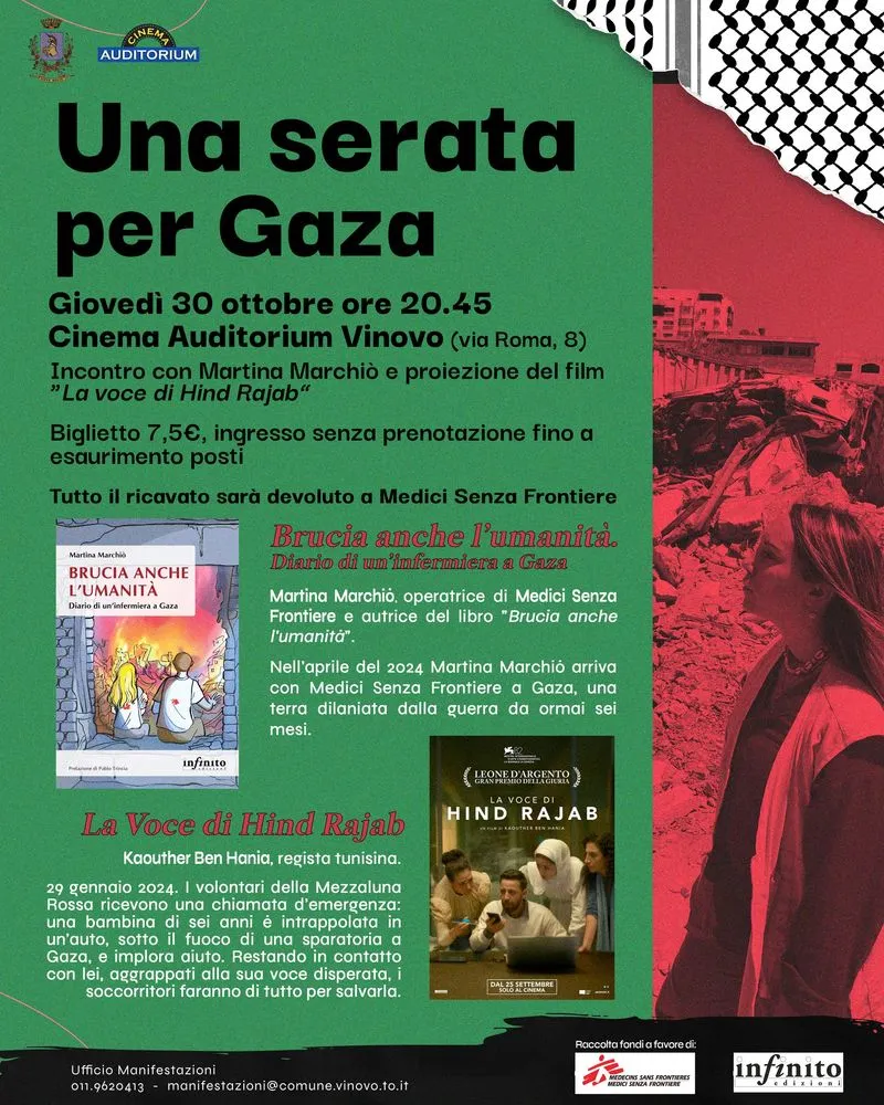 VINOVO - Una serata per Gaza con il film «La voce di Hind Rajab» e Martina Marchiò